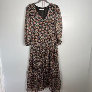 Mango Floral Button Down Puff Sleeve Maxi Dress Plus Size 22 Black